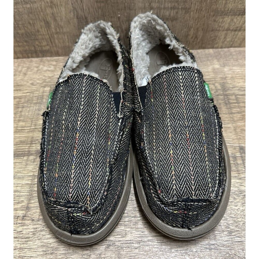 Sanuk women size 8 loafers brown textile upper  slip on  faux fur lining shoes